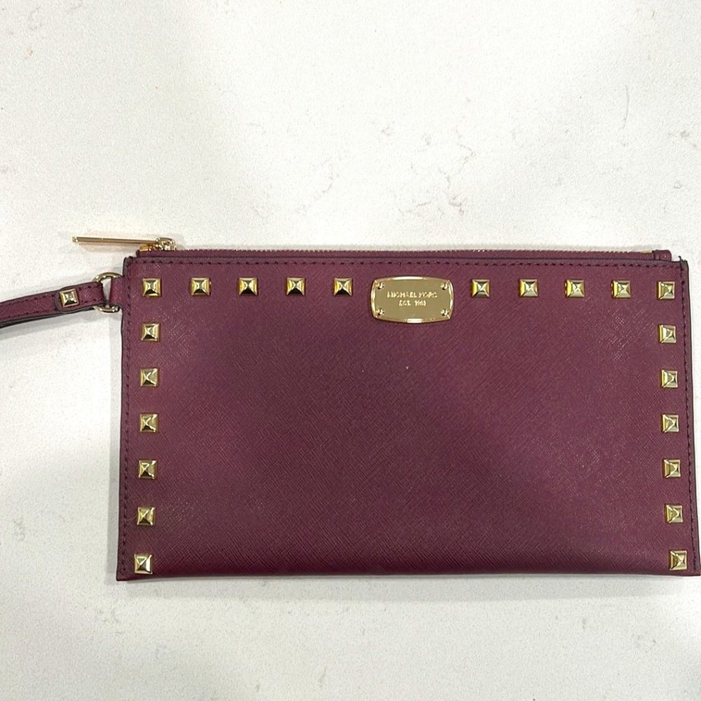 Michael Kors Sandrine Stud Maroon Saffiano Leather Large Zip Clutch Wallet
